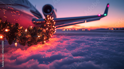 Christmas Lights on Private Jet Wing at Sunset