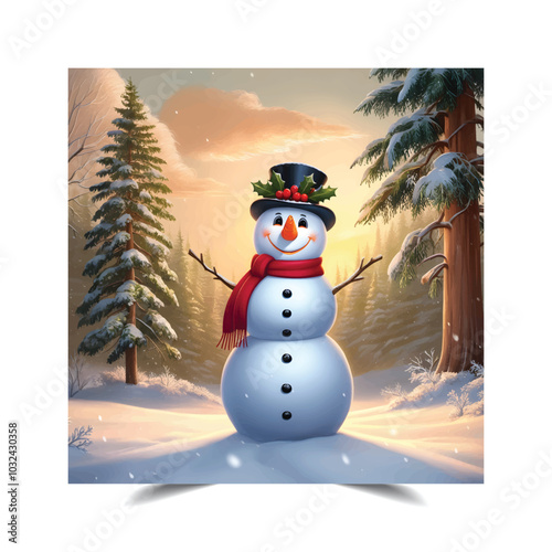 Cheerful Snowman in Winter Forest at Sunset, Photo snowman background winter landscape