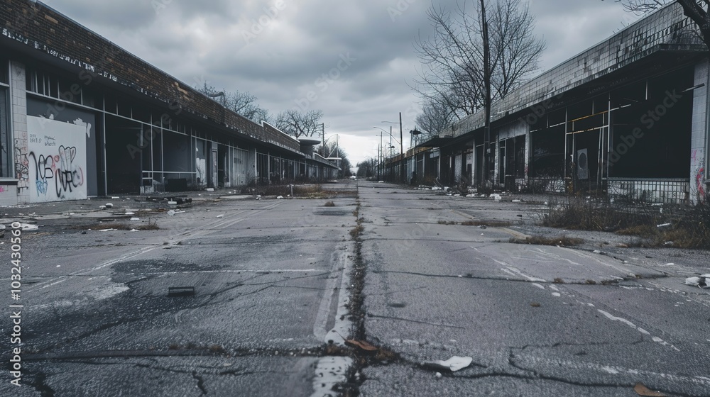 Desolate Shopping District: Abandoned Stores, Cracked Pavement, and Peeling Paint, Illustrating the Downturn of the Retail Industry Desolate Shopping District: Abandoned Stores, Cracked Pavement, and Peeling Paint, Illustrating the Downturn of the Retail Industry