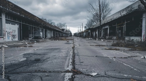 Desolate Shopping District: Abandoned Stores, Cracked Pavement, and Peeling Paint, Illustrating the Downturn of the Retail Industry