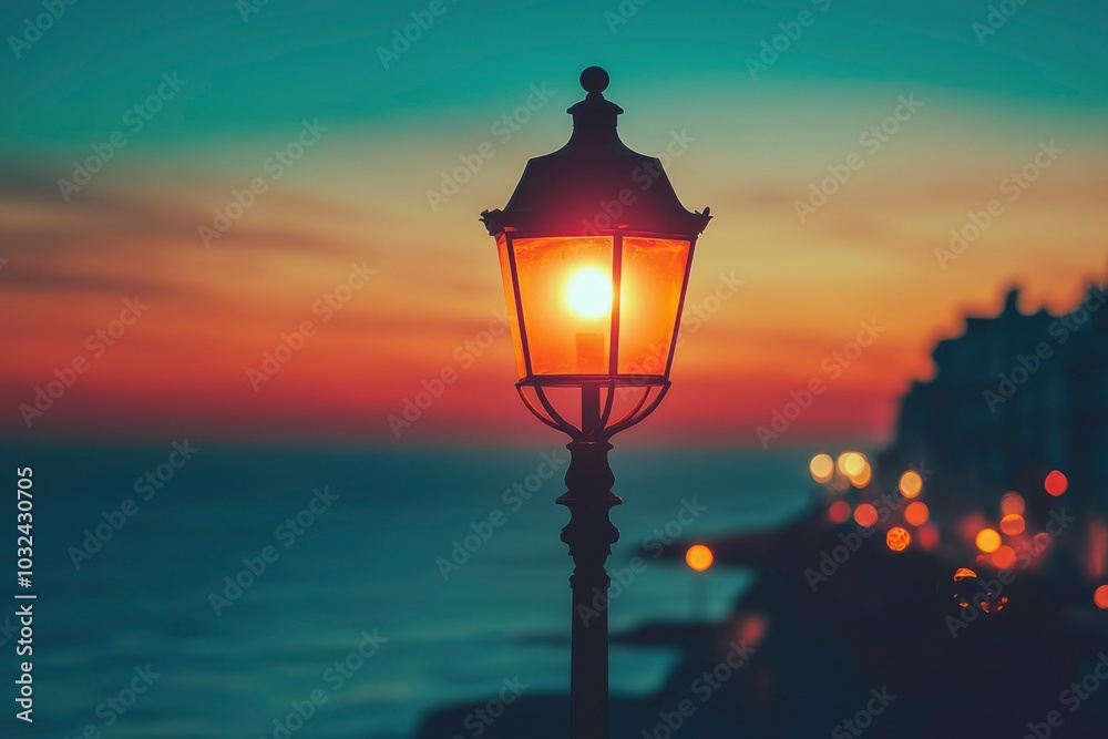 A Single Streetlight Illuminates a Dusk Sky over the Ocean A Single Streetlight Illuminates a Dusk Sky over the Ocean