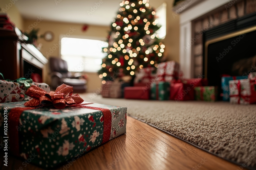 Cozy living room with a decorated Christmas tree and wrapped gifts under the soft glow of holiday lights, creating a warm festive atmosphere. Cozy living room with a decorated Christmas tree and wrapped gifts under the soft glow of holiday lights, creating a warm festive atmosphere.