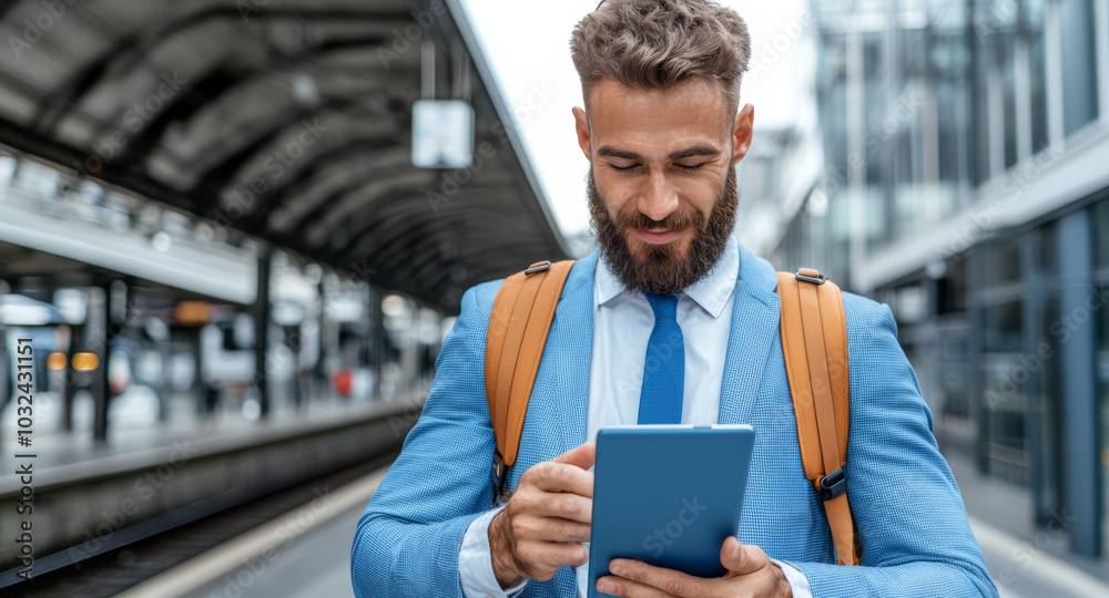 A business traveler catching up on work and emails on his tablet during a stop at the train station. A business traveler catching up on work and emails on his tablet during a stop at the train station.