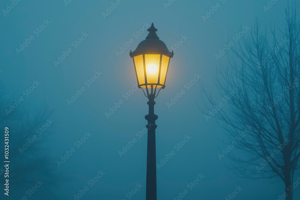 A solitary streetlight illuminates the fog on a misty night A solitary streetlight illuminates the fog on a misty night