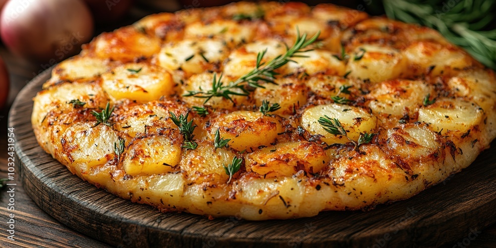 An overhead photo of a Spanish tortilla in a traditional tortilla, with parsley, on dark rustic textures with ingredients