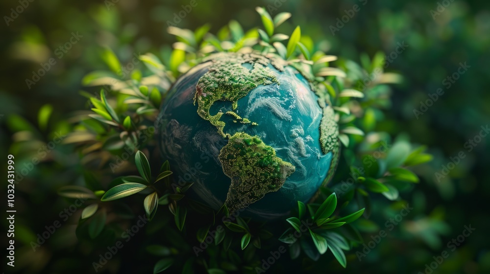 A 3D image shows a green moss-covered planet in a forest-like setting, symbolizing environmental themes and the vitality of plant life. A 3D image shows a green moss-covered planet in a forest-like setting, symbolizing environmental themes and the vitality of plant life.