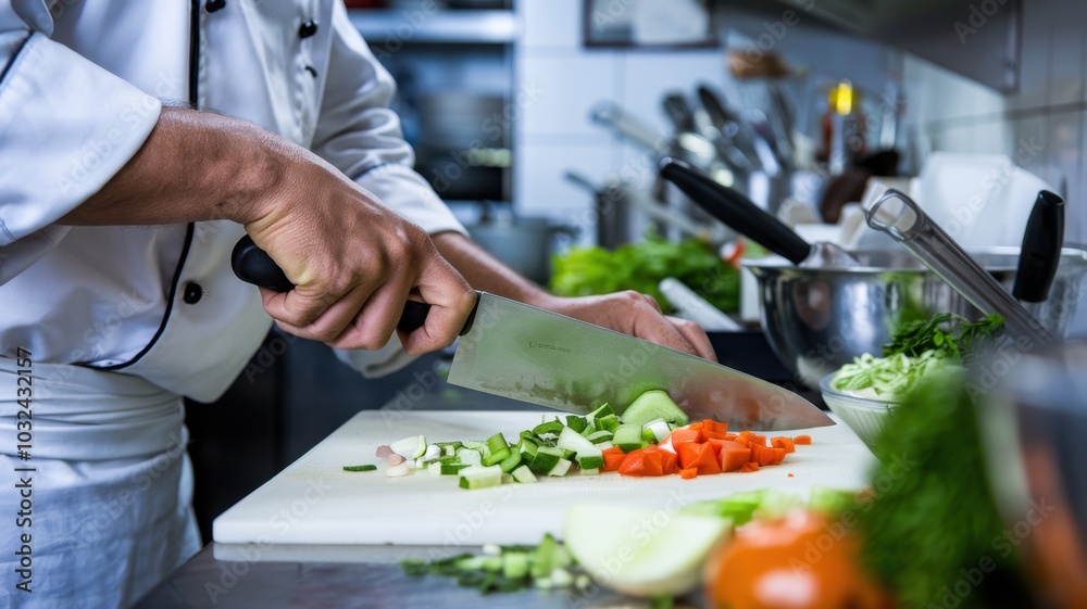 Chef chopping fresh vegetables on a cutting board in a professional kitchen. Chef chopping fresh vegetables on a cutting board in a professional kitchen.