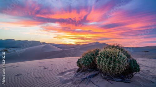 Cactus surrounded by sand dunes under a colorful sunset sky. photo