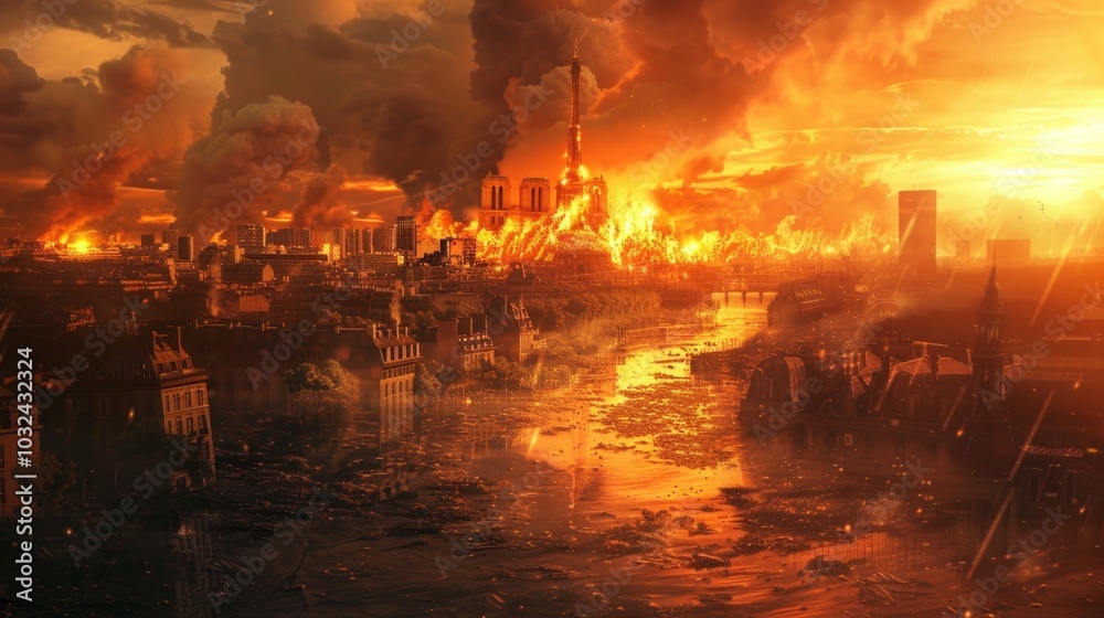 A digital image of a devastated Paris, focusing on flames engulfing Notre Dame Cathedral. Smoke fills the sky, river polluted, buildings ablaze. Notre Dame spire reduced to framework, A digital image of a devastated Paris, focusing on flames engulfing Notre Dame Cathedral. Smoke fills the sky, river polluted, buildings ablaze. Notre Dame spire reduced to framework,