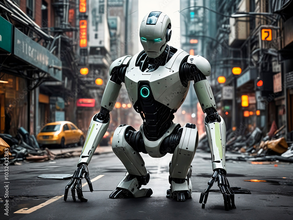 Amidst the whirring chaos of a robotic city, a lone android struggles to maintain balance, grappling with the weight of expectations -- generated by ai Amidst the whirring chaos of a robotic city, a lone android struggles to maintain balance, grappling with the weight of expectations -- generated by ai