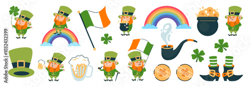 A festive set of vectors for St. Patrick's Day featuring an adorable leprechaun