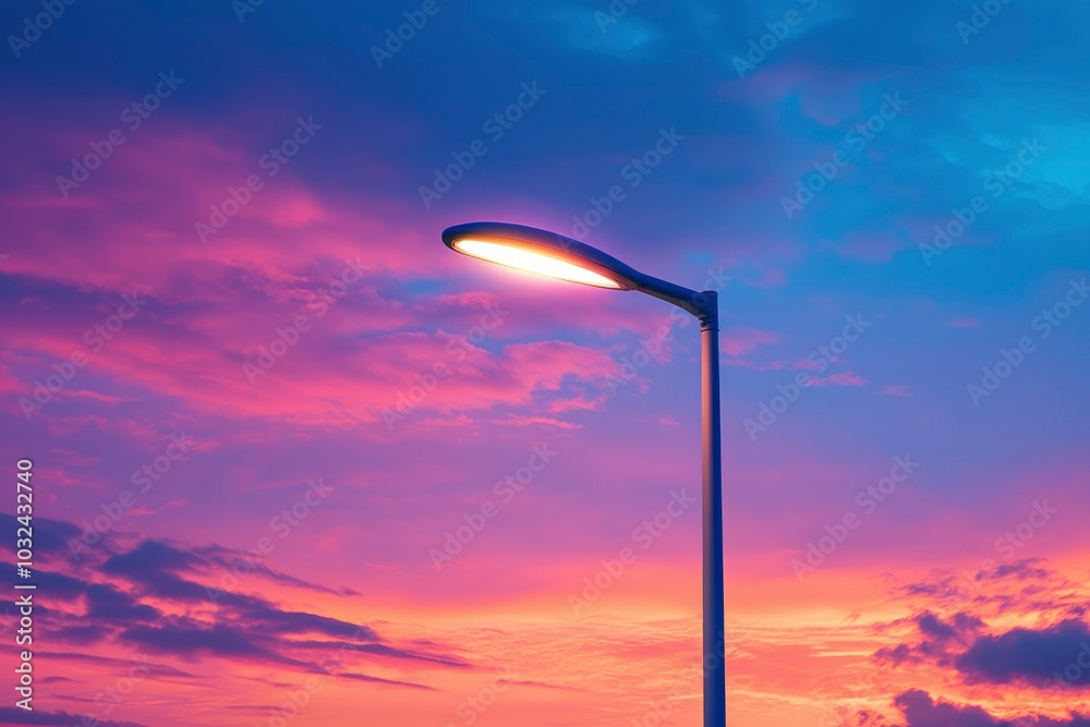 A Streetlight Illuminates a Vibrant Pink and Blue Sunset Sky A Streetlight Illuminates a Vibrant Pink and Blue Sunset Sky