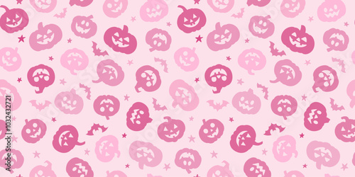 Pink Halloween pumpkin vector pattern, seamless repeating vector background, cute festive wallpaper or banner design