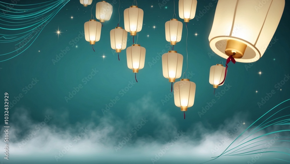 Obraz premium Floating Lanterns Amid Misty Teal Background