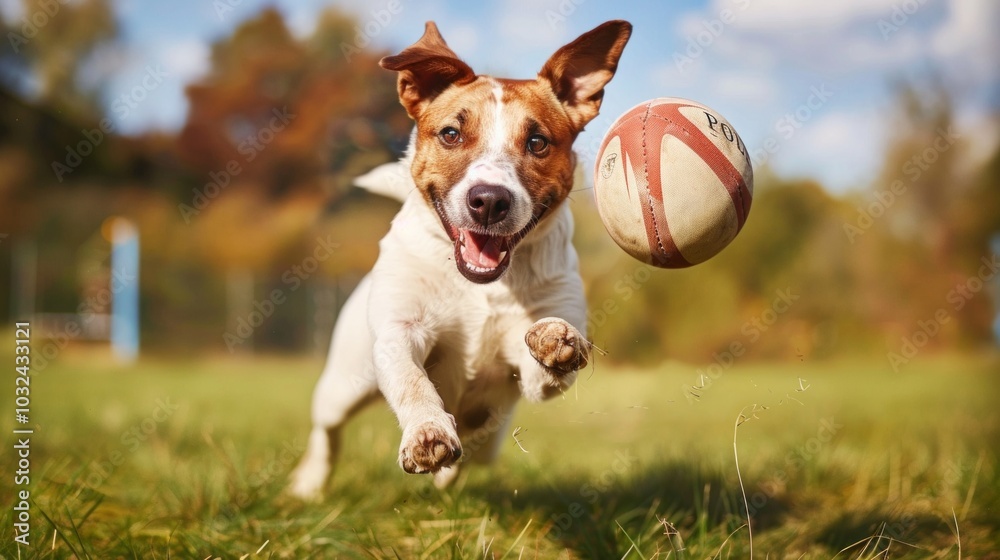 An energetic Jack Russell Terrier chases a multicolored ball in a grassy field under a blue sky, with trees and a fence in the background. An energetic Jack Russell Terrier chases a multicolored ball in a grassy field under a blue sky, with trees and a fence in the background.