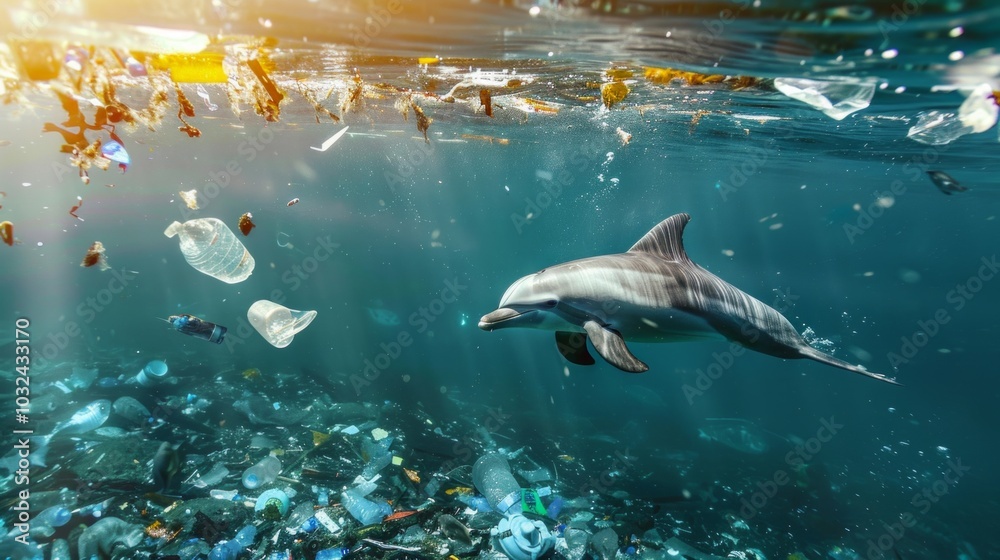 Fototapeta premium A dolphin swims in polluted water filled with plastic waste, emphasizing the stark contrast between nature's beauty and human-induced pollution in marine environments.