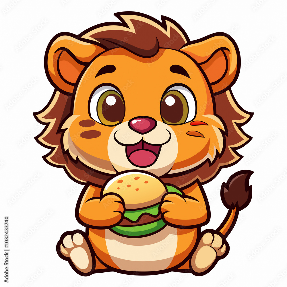 Cute Baby Lion Eating Burger – Adorable Cartoon Character for T-Shirts, Logos, Posters, and Graphic Design Projects Cute Baby Lion Eating Burger – Adorable Cartoon Character for T-Shirts, Logos, Posters, and Graphic Design Projects