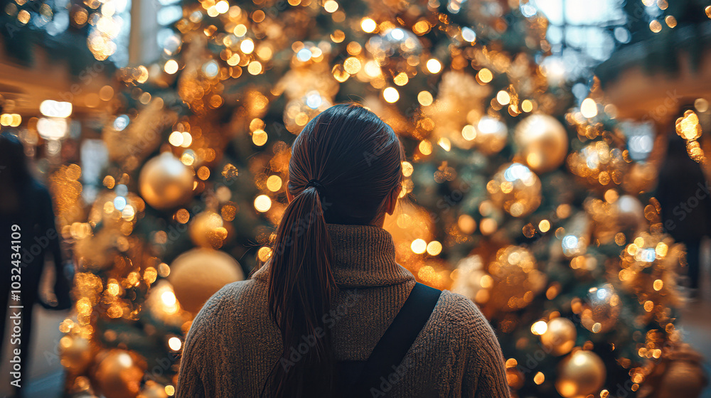 A woman stands in front of a Christmas tree with many gold ornaments A woman stands in front of a Christmas tree with many gold ornaments