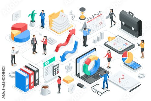 isometric vector business people analyzing charts, in color on a white background, statistics data research and professional team work