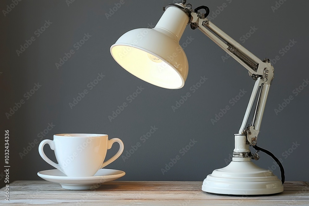 White Desk Lamp and Porcelain Teacup on a Wooden Table White Desk Lamp and Porcelain Teacup on a Wooden Table
