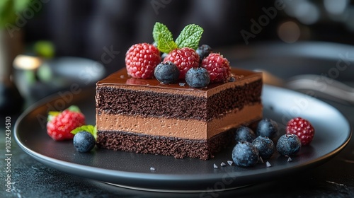 decadent chocolate mousse cake artfully displayed on a cake stand topped with fresh berries capturing the allure of indulgence in a sophisticated culinary setting with rich colors and textures