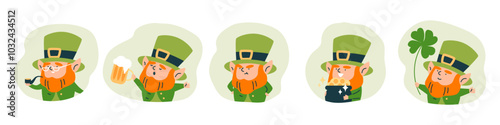 Cute leprechaun holding pot of gold coins, beer mug, clover leaf, tobacco pipe, lucky elf dwarf bearded gnome vector set