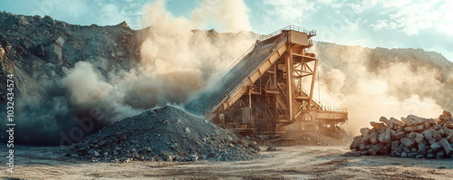 Crushing plant with crushers and vibrating equipment in quarry, surrounded by dust and debris, showcasing heavy machinery in action. scene captures industrial process of rock crushing and material