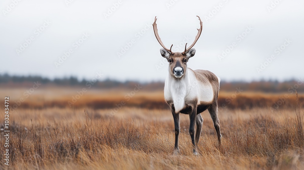 A reindeer with large antlers stands in a field of brown grass with a cloudy sky in the background. A reindeer with large antlers stands in a field of brown grass with a cloudy sky in the background.