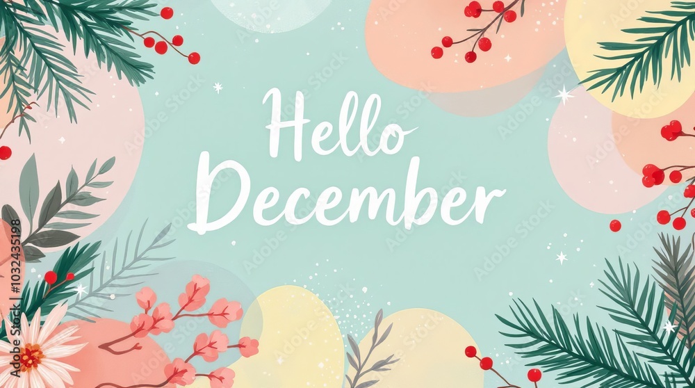 Obraz premium Hello December Illustration – Winter Pastel Colors, Monthly Calendar