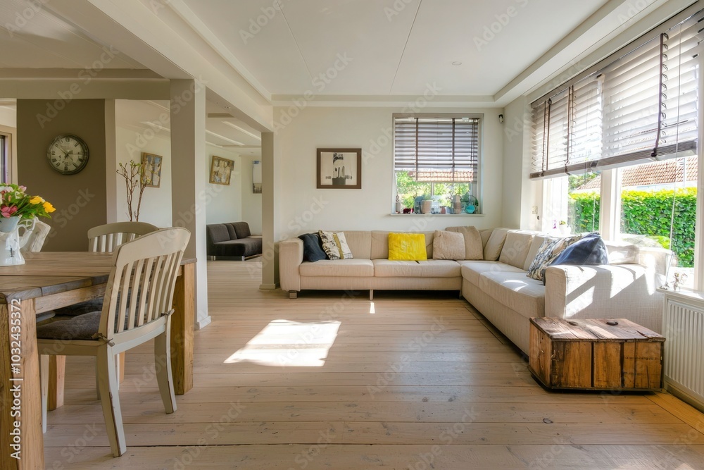 Fototapeta premium Spacious Living Room with Sectional Sofa and Wooden Floor