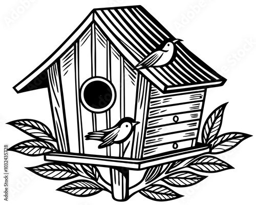 bird house silhouette vector illustration,Wooden bird house line art silhouette