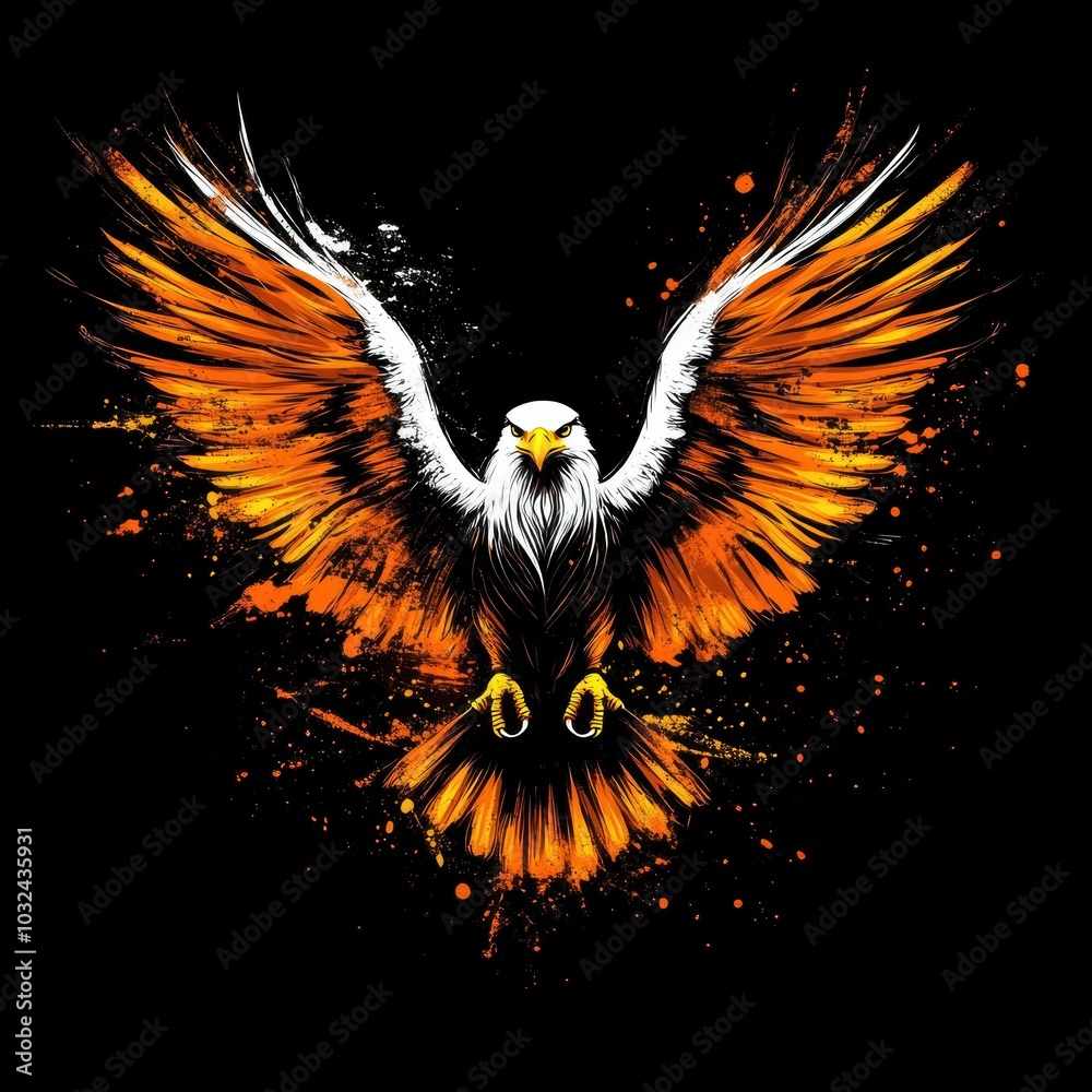 Fototapeta premium Eagle with vibrant orange wings, black background
