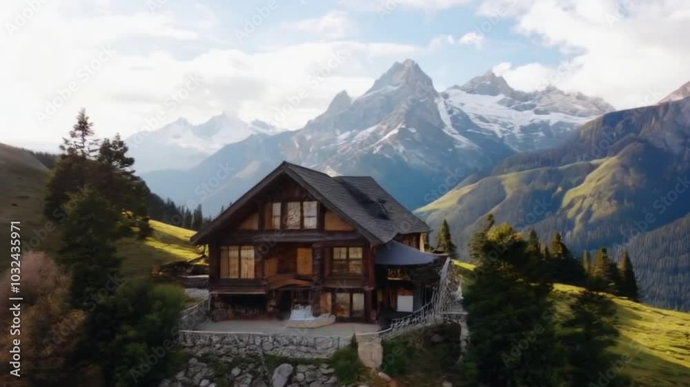 Aerial cinematic view of mountain home nestled in trees with breathtaking landscape and soft focus textures Aerial cinematic view of mountain home nestled in trees with breathtaking landscape and soft focus textures