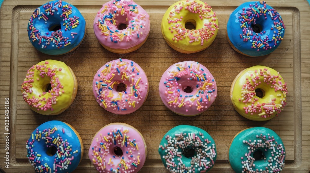Colorful donuts with sprinkles on a wooden tray, vibrant and appealing. Colorful donuts with sprinkles on a wooden tray, vibrant and appealing.