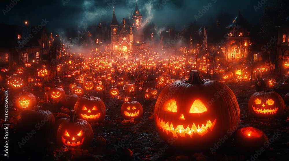 A field of glowing jack-o'-lanterns illuminate the night sky with a small town in the background. A field of glowing jack-o'-lanterns illuminate the night sky with a small town in the background.