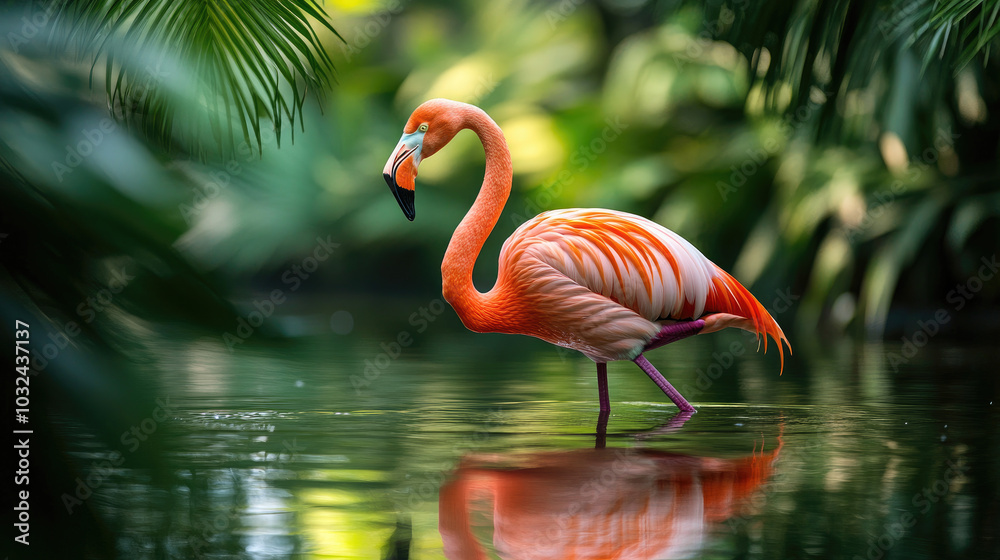 Fototapeta premium A vibrant American flamingo standing in shallow water, with its striking pink feathers reflected in the water below, surrounded by a lush green tropical background.