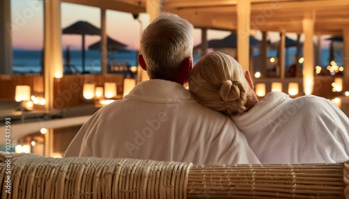 Older couple relaxing at a luxurious tropical spa wearing robes with a soft warm glow of candle lights