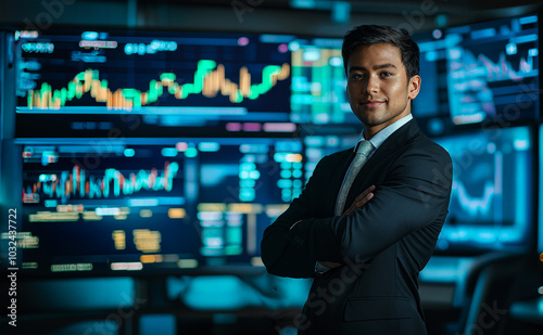 Wallpaper Mural a confident Indian businessman in front of stock market screens Torontodigital.ca