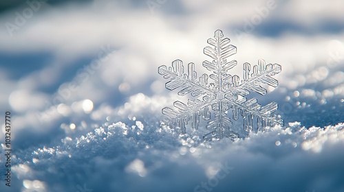 Crystal Snowflake Glistens on a Snowy Background