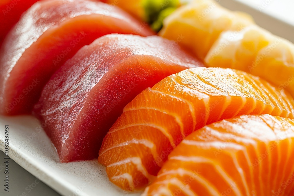 Close-up of Fresh Sashimi under soft studio lighting, featuring salmon, tuna, and yellowtail on a minimalist white plate Close-up of Fresh Sashimi under soft studio lighting, featuring salmon, tuna, and yellowtail on a minimalist white plate