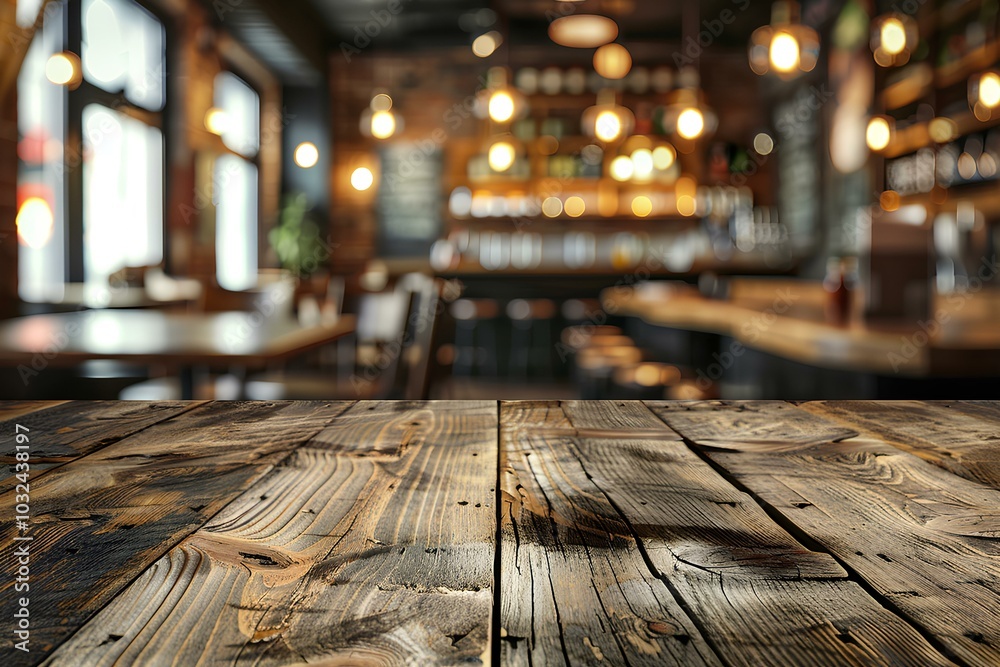 A wooden table with a blurry bar in the background A wooden table with a blurry bar in the background