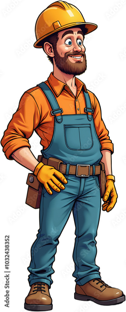 Cartoon illustration of a construction worker, identifiable by his hard hat and work attire, standing confidently with one hand on his hip. Isolated on transparent background.