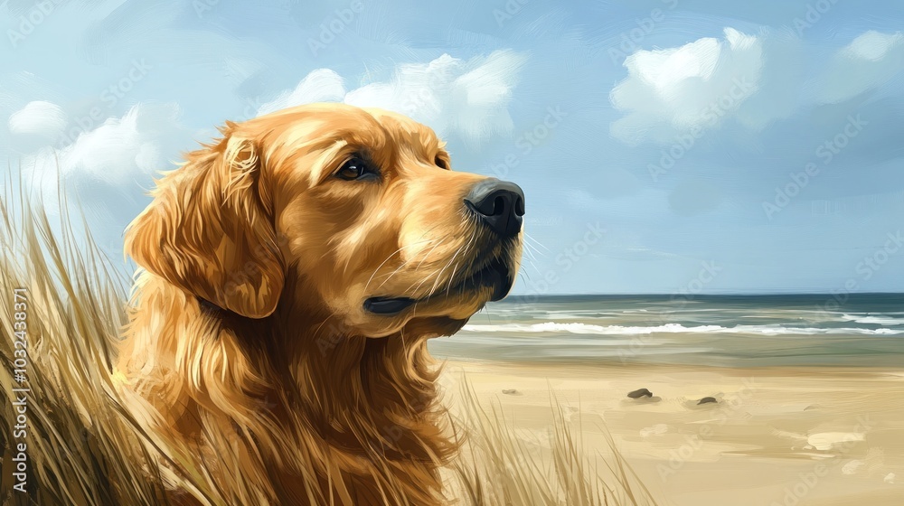 A golden retriever gazes thoughtfully at the beach and ocean under a cloudy sky. A golden retriever gazes thoughtfully at the beach and ocean under a cloudy sky.