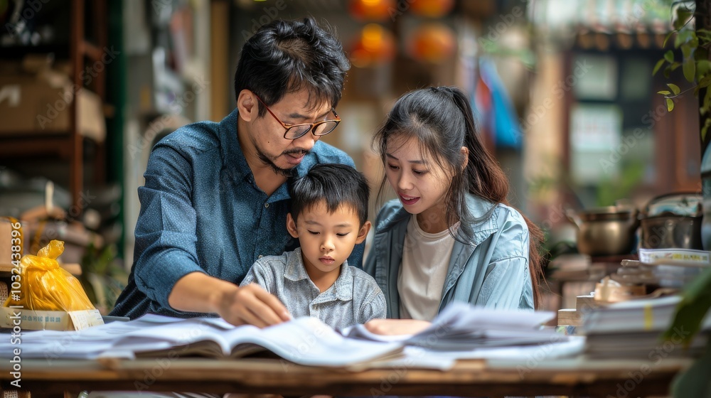 Fototapeta premium Asian family feeling the impact of rising living expenses, with bills and debt piling up