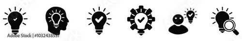 Business idea flat icon set. Containing innovation, light bulb, creativity, inspiration, brainstorm, intelligence, thinking, invention, creative, solution, mind.