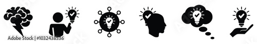 Business idea flat icon set. Containing innovation, light bulb, creativity, inspiration, brainstorm, intelligence, thinking, invention, creative, solution, mind. Vector illustration۔