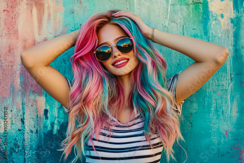 A beautiful woman with colorful hair, sunglasses, and a striped shirt poses against an urban backdrop.