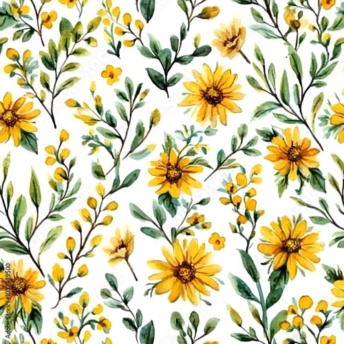 Watercolor Floral Seamless Pattern with Yellow Flowers