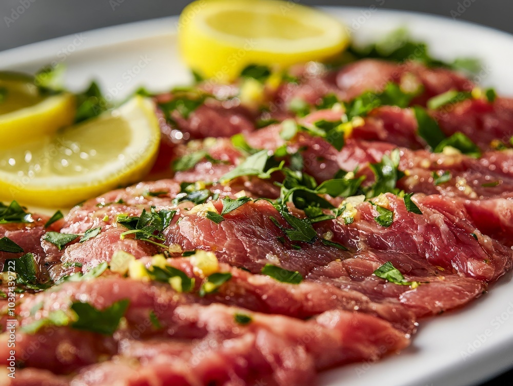 Close-up of Lamb Carpaccio under studio lighting, with garnishes of fresh herbs and lemon capturing the fine texture of the meat Close-up of Lamb Carpaccio under studio lighting, with garnishes of fresh herbs and lemon capturing the fine texture of the meat