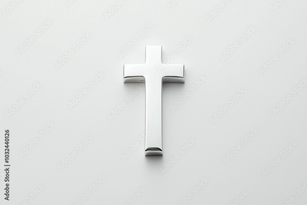 A shiny silver cross on a plain white background, symbolizing faith and spirituality. A shiny silver cross on a plain white background, symbolizing faith and spirituality.